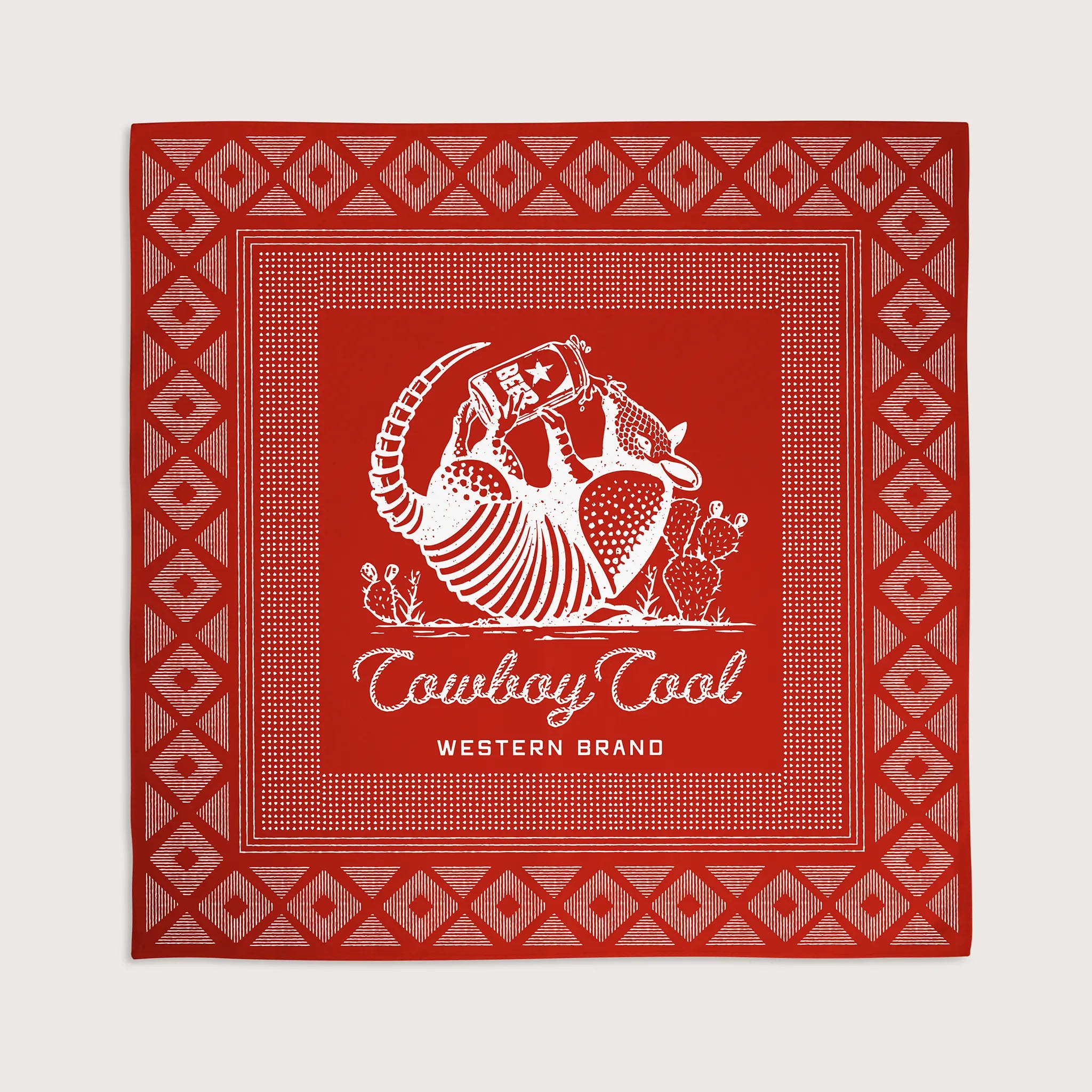 Red bandana with white pattern and 'Cowboy Cool Western Brand' text on a white background