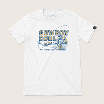 Cowboy Cool White Bass Wrangler T-Shirt that features a cowboy fly fishing for bass.