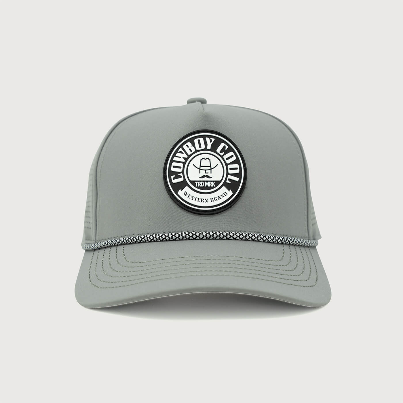 Front view of the gray Cowboy Cool Maverick Hat with a black and white woven rope accent and a round patch featuring the Cowboy Cool logo.