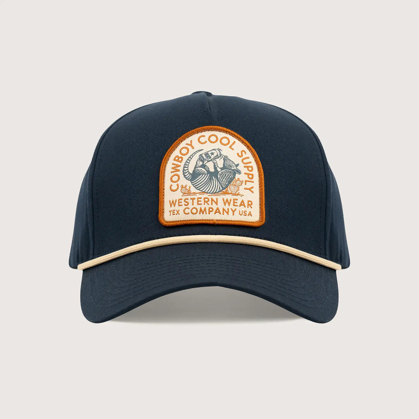 Front View of Cowboy Cool Dillo After Dark Hat in navy with tan rope trim and vintage style patch featuring a West Texas armadillo drinking a beer, 6 panel snapback design