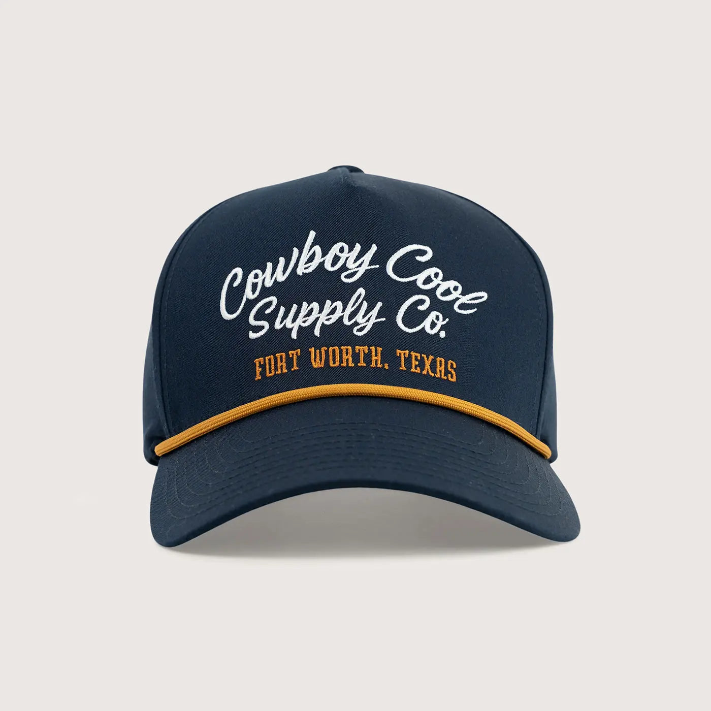 Navy blue Cowboy Cool Cowtown Hat with 'Cowboy Cool Supply Co. Fort Worth, Texas' embroidery on a light gray background