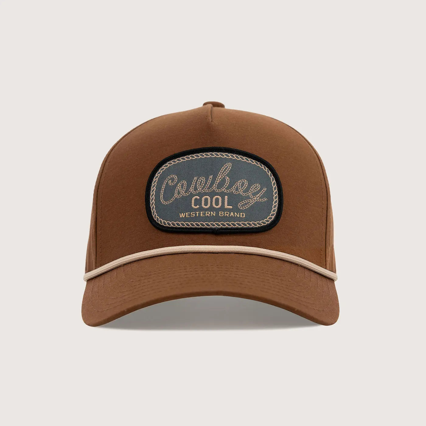 Brown Cowboy Cool western cap with a 'Cowboy Cool Western Brand' patch on a light gray background
