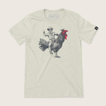 Cowboy Cool Rooster Round Up T-Shirt featuring a cowboy riding a rooster.