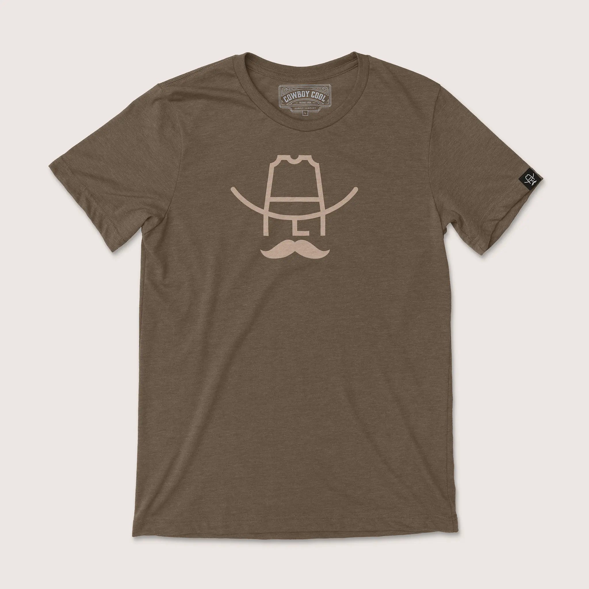 Cowboy Cool Western Wear Hank T-Shirt in heather brown, featuring a simplified tan logo with cowboy hat and mustache design on the chest.