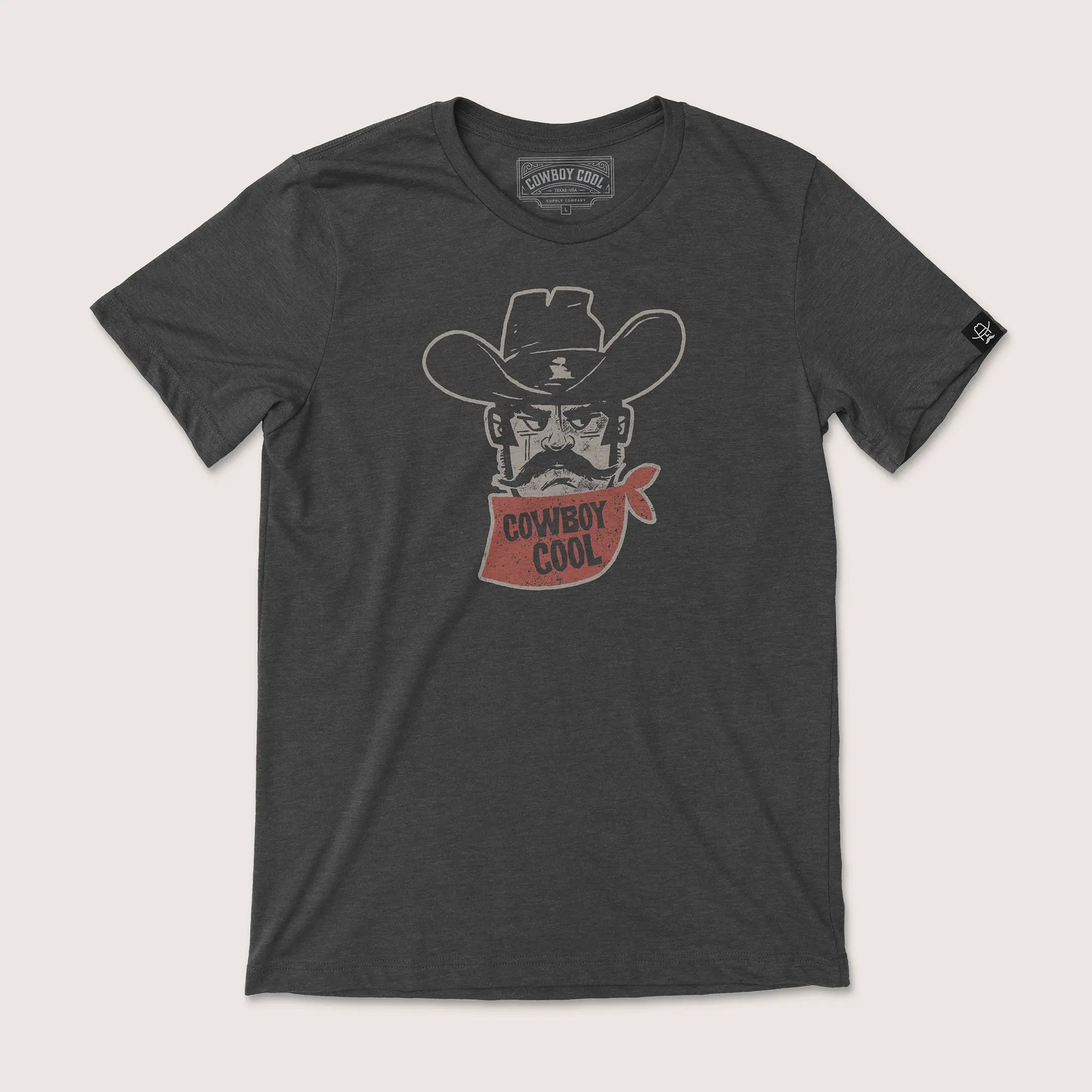 Cowboy Cool Bandit Western T-Shirt in dark gray heather, featuring a graphic of a cowboy in a wide-brim hat and red bandana with 'Cowboy Cool' text.