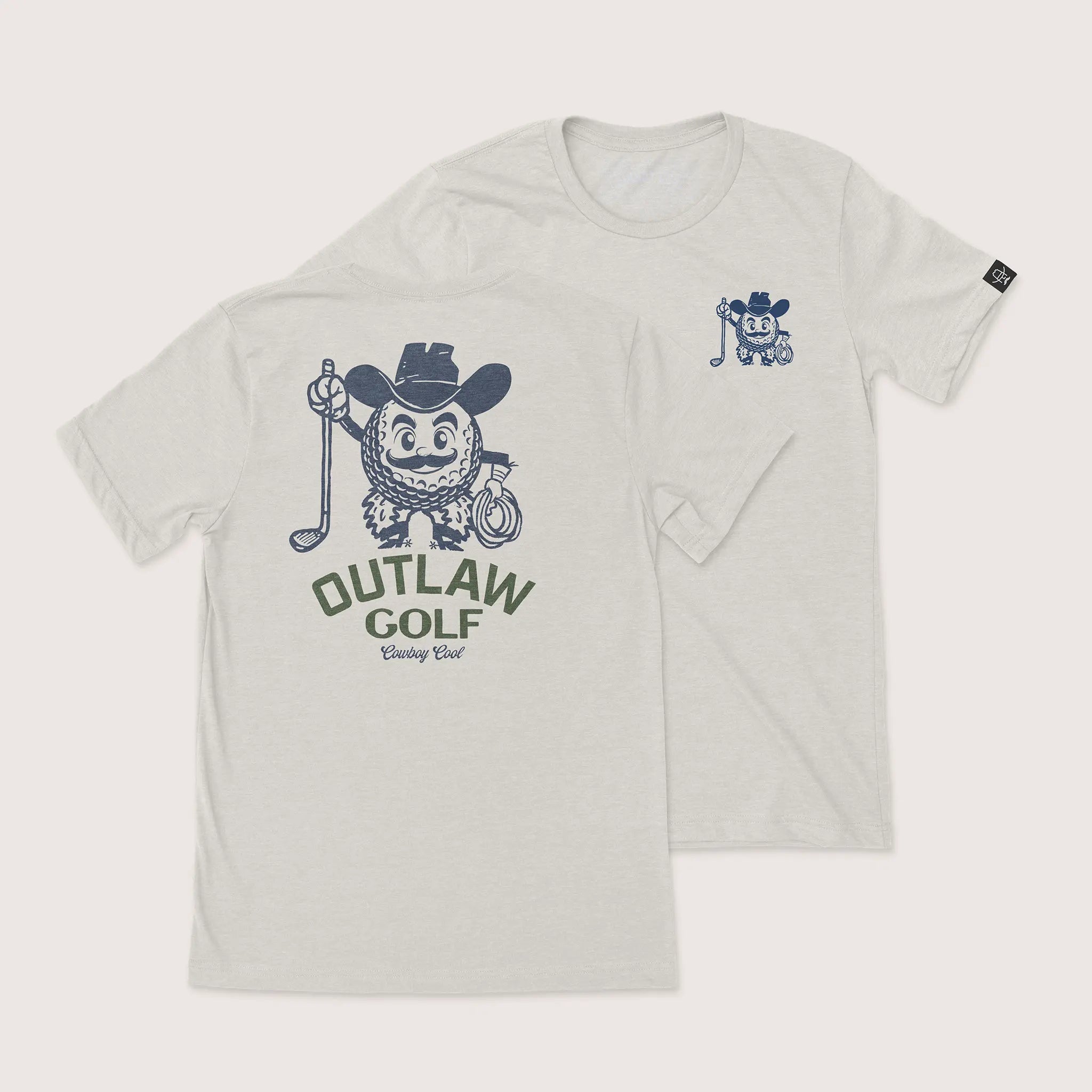 Outlaw Golf Western T-Shirt by Cowboy Cool in heather cool grey, featuring a cartoon golf ball cowboy character with lasso and club, and bold 'Outlaw Golf' design.