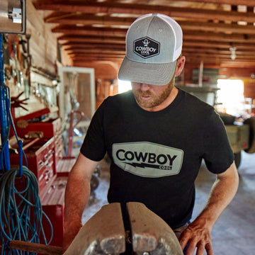 Model wearing a black Cowboy Cool Lightning Bolt T-Shirt