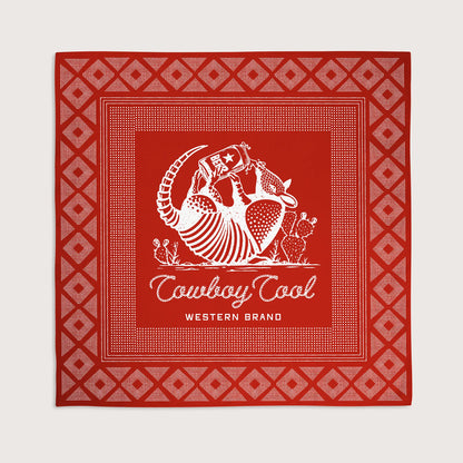 Red bandana with white pattern and 'Cowboy Cool Western Brand' text on a white background