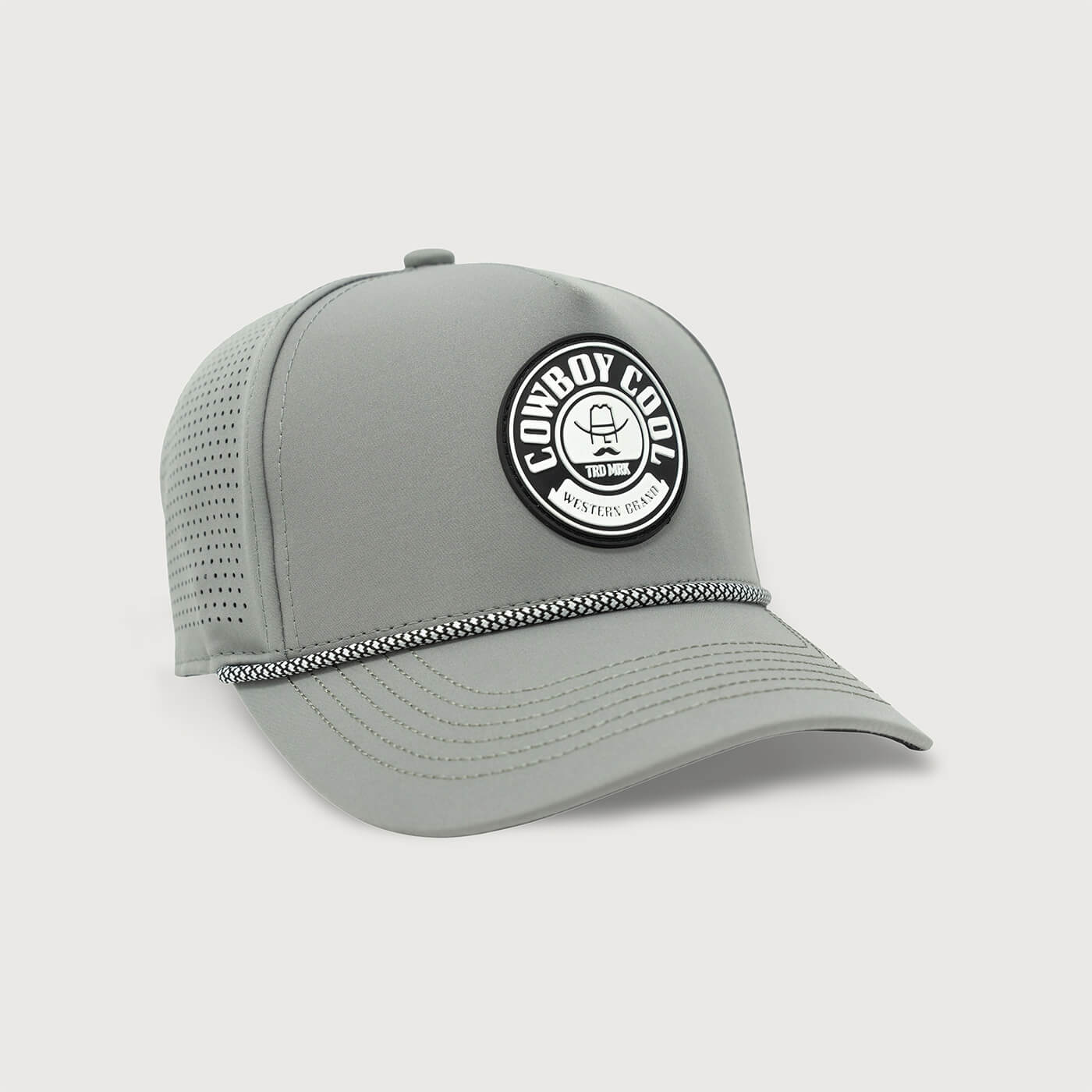 Gray Cowboy Cool Maverick Hat with a black and white woven rope accent, perforated back panels, and a round woven patch featuring the Cowboy Cool logo.