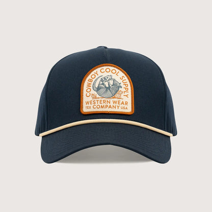 Front View of Cowboy Cool Dillo After Dark Hat in navy with tan rope trim and vintage style patch featuring a West Texas armadillo drinking a beer, 6 panel snapback design