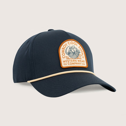 Cowboy Cool Dillo After Dark Hat in navy with tan rope trim and vintage style patch featuring a West Texas armadillo drinking a beer, 6 panel snapback design