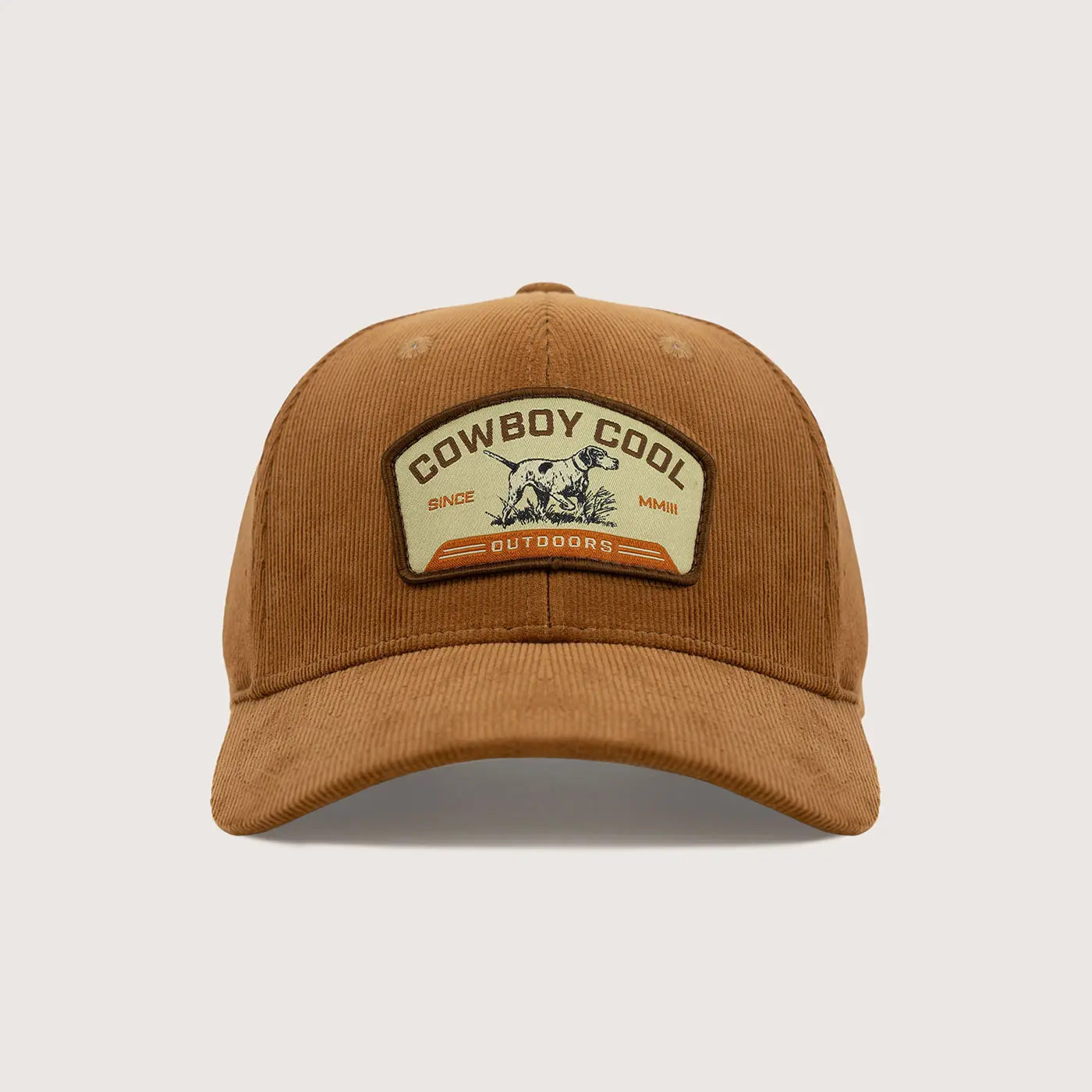 Cowboy Cool Point and Shoot Hat in camel brown corduroy with vintage-style bird hunting patch featuring a bird dog, 6 panel snapback design