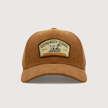 Cowboy Cool Point and Shoot Hat in camel brown corduroy with vintage-style bird hunting patch featuring a bird dog, 6 panel snapback design