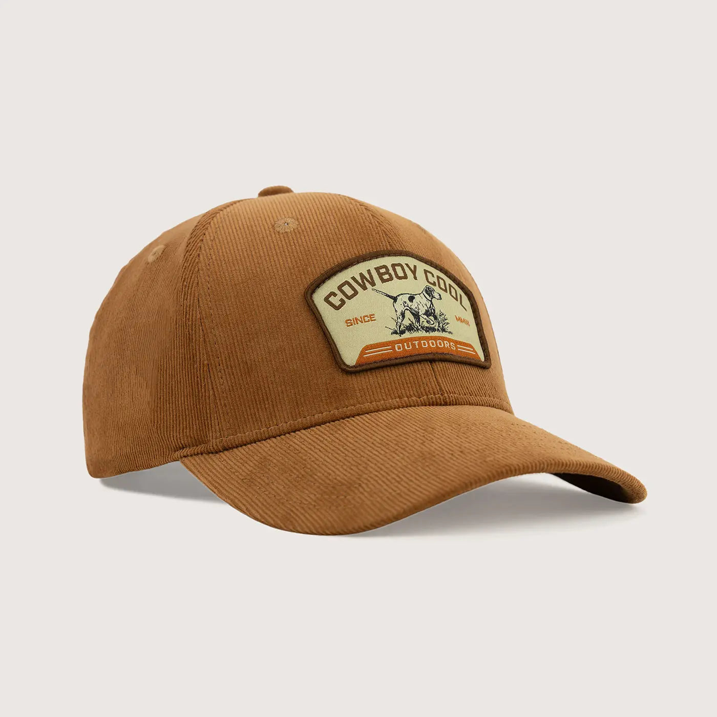 Cowboy Cool Point and Shoot Hat in camel brown corduroy with vintage-style bird hunting patch featuring a bird dog, 6 panel snapback design