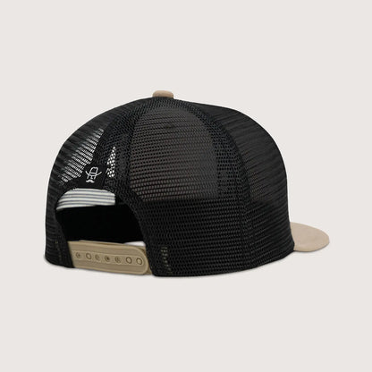 Black mesh cap with beige brim and back on a light gray background
