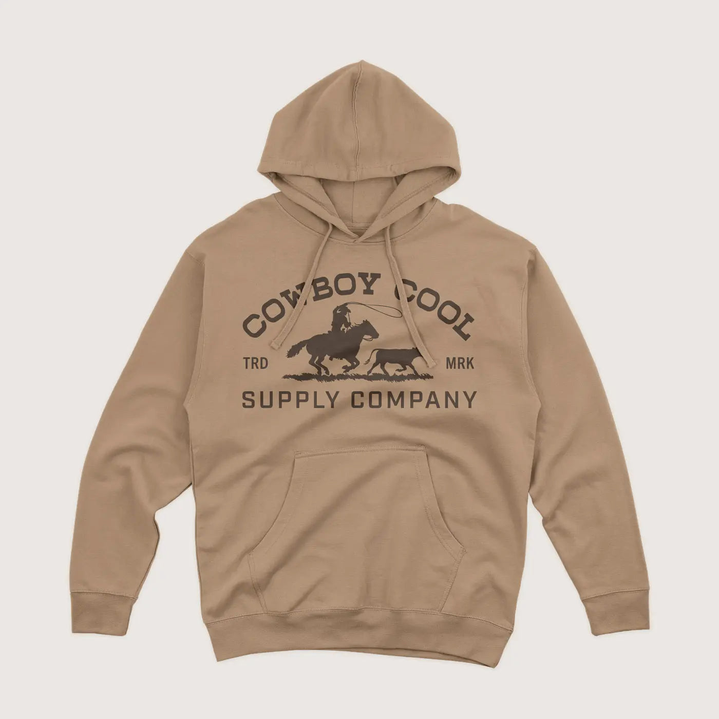 Cowboy Cool Roper Hoodie in sandstone featuring a cowboy roping cattle graphic and bold “Cowboy Cool Supply Company” chest print.
