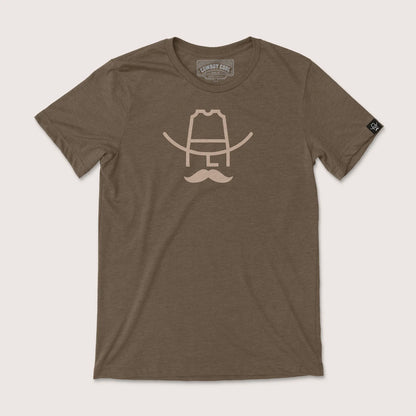 Cowboy Cool Western Wear Hank T-Shirt in heather brown, featuring a simplified tan logo with cowboy hat and mustache design on the chest.