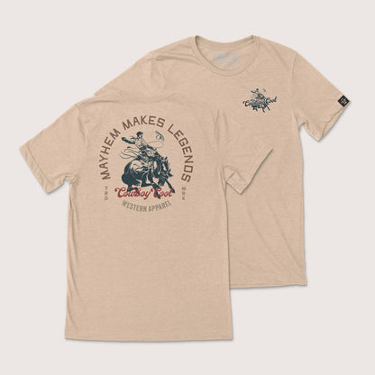 Cowboy Cool Legends T-Shirt in heather tan, featuring a vintage rodeo bronc rider graphic with 'Mayhem Makes Legends' and 'Western Apparel' design.