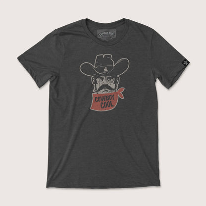 Cowboy Cool Bandit Western T-Shirt in dark gray heather, featuring a graphic of a cowboy in a wide-brim hat and red bandana with 'Cowboy Cool' text. 