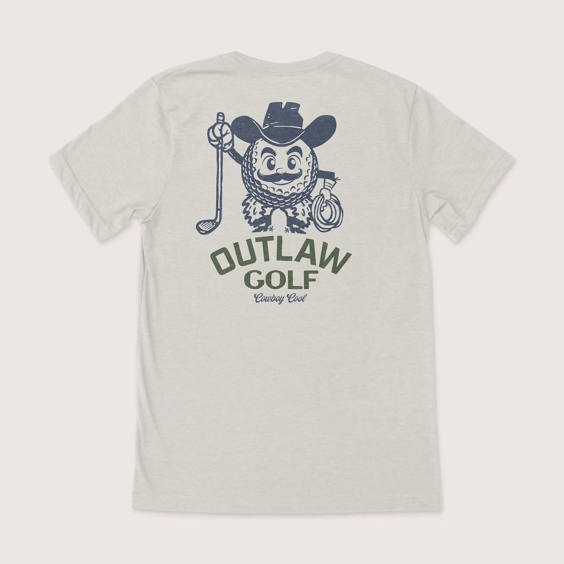 Outlaw Golf Western T-Shirt by Cowboy Cool in heather cool grey, featuring a cartoon golf ball cowboy character with lasso and club, and bold 'Outlaw Golf' design on the back.