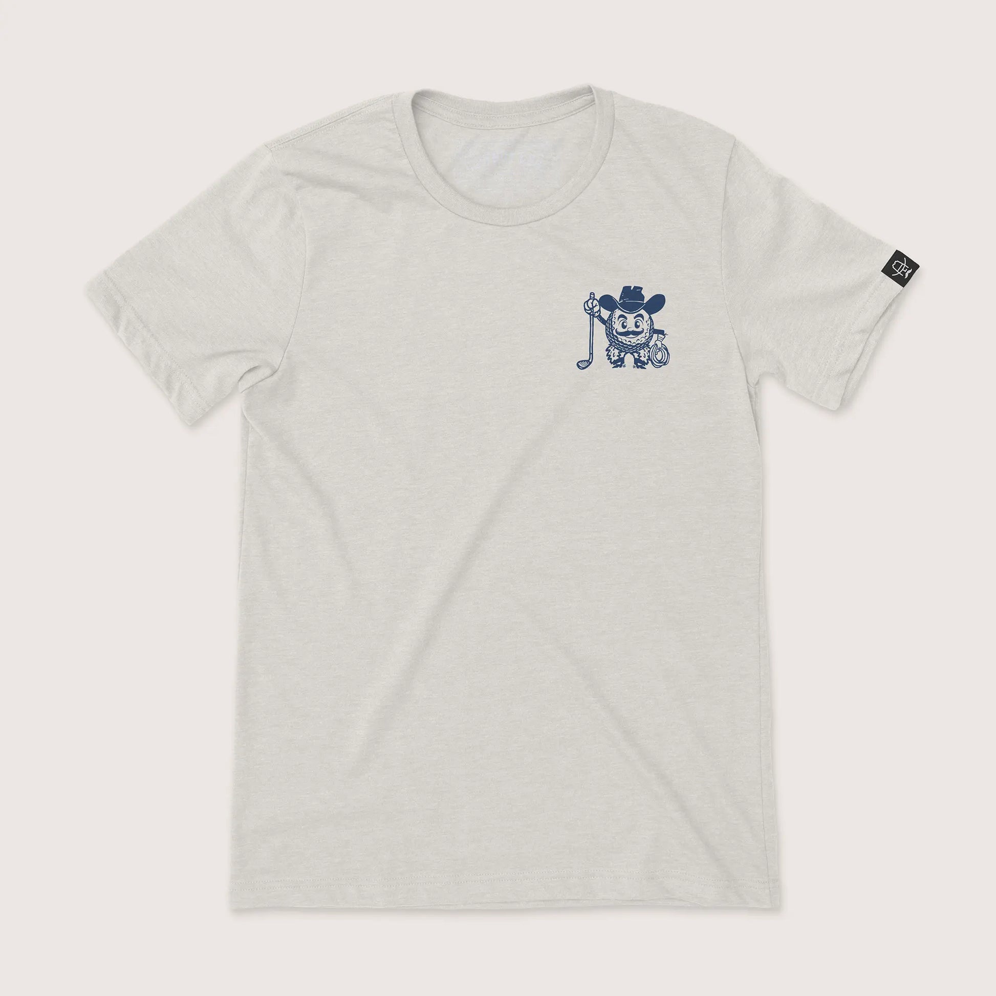 Outlaw Golf Western T-Shirt by Cowboy Cool in heather cool grey, featuring a cartoon golf ball cowboy character with lasso and club, and bold 'Outlaw Golf' design on the front.