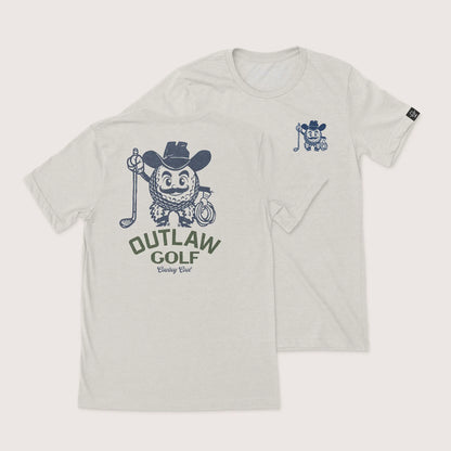 Outlaw Golf Western T-Shirt by Cowboy Cool in heather cool grey, featuring a cartoon golf ball cowboy character with lasso and club, and bold 'Outlaw Golf' design.