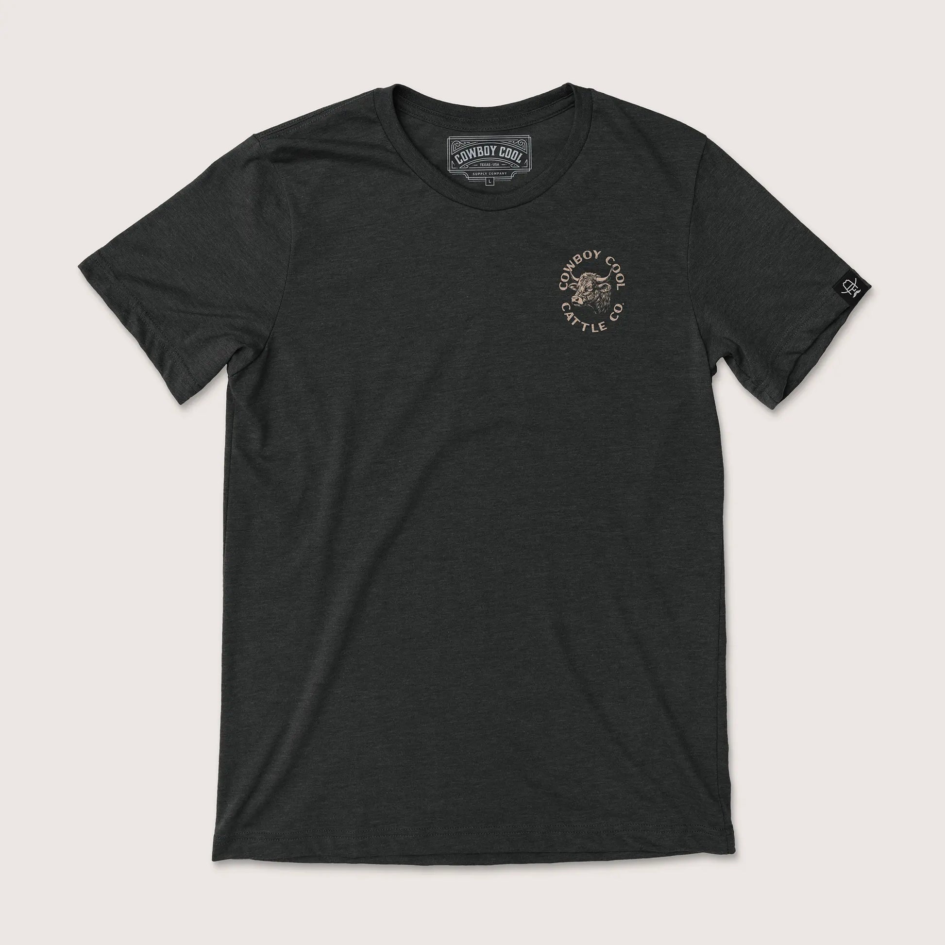 Cowboy Cool Western Wear T-Shirt in heather black featuring vintage-style Cattle Company bull logo on front.