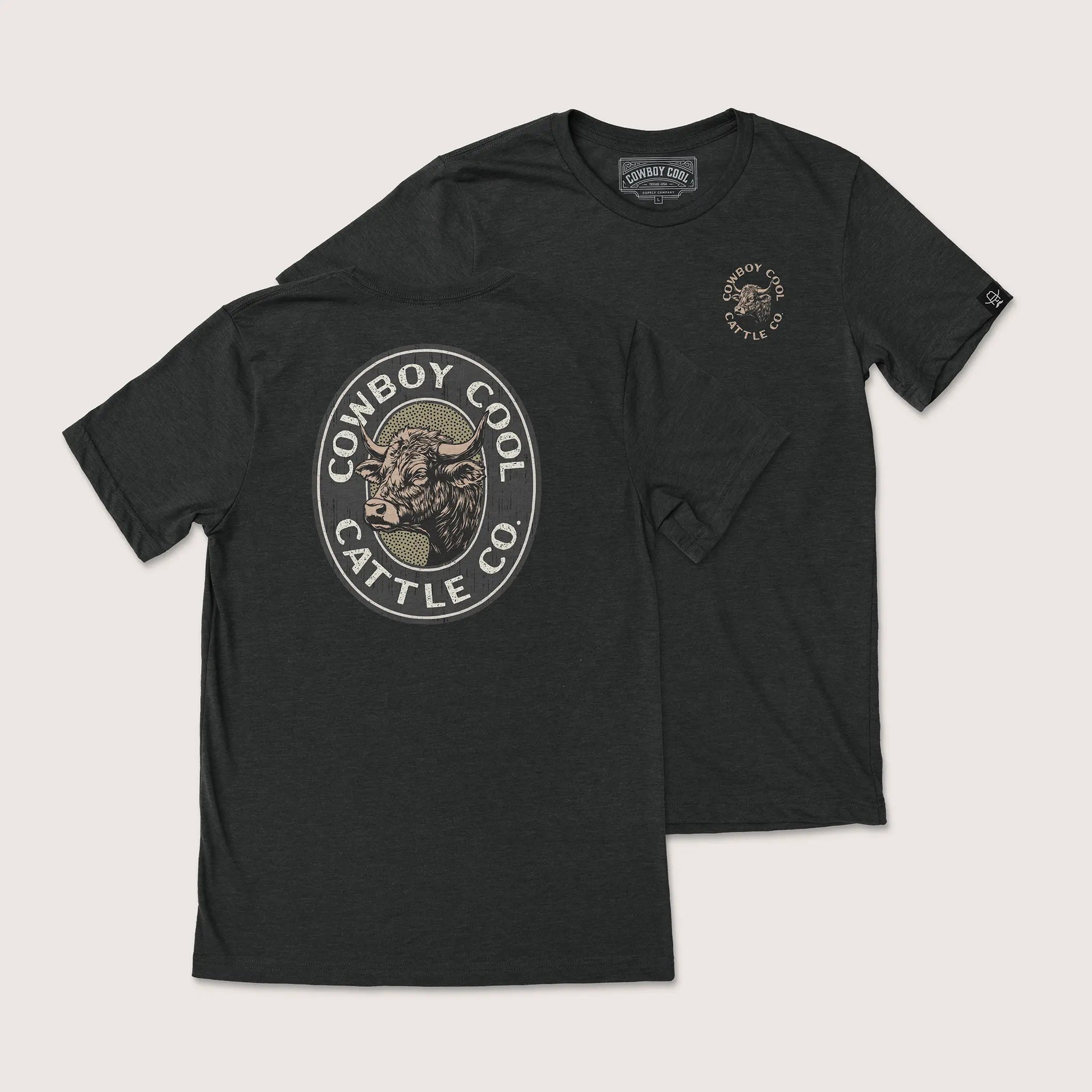 Cowboy Cool Western Wear T-Shirt with Cattle Company design in heather black. 