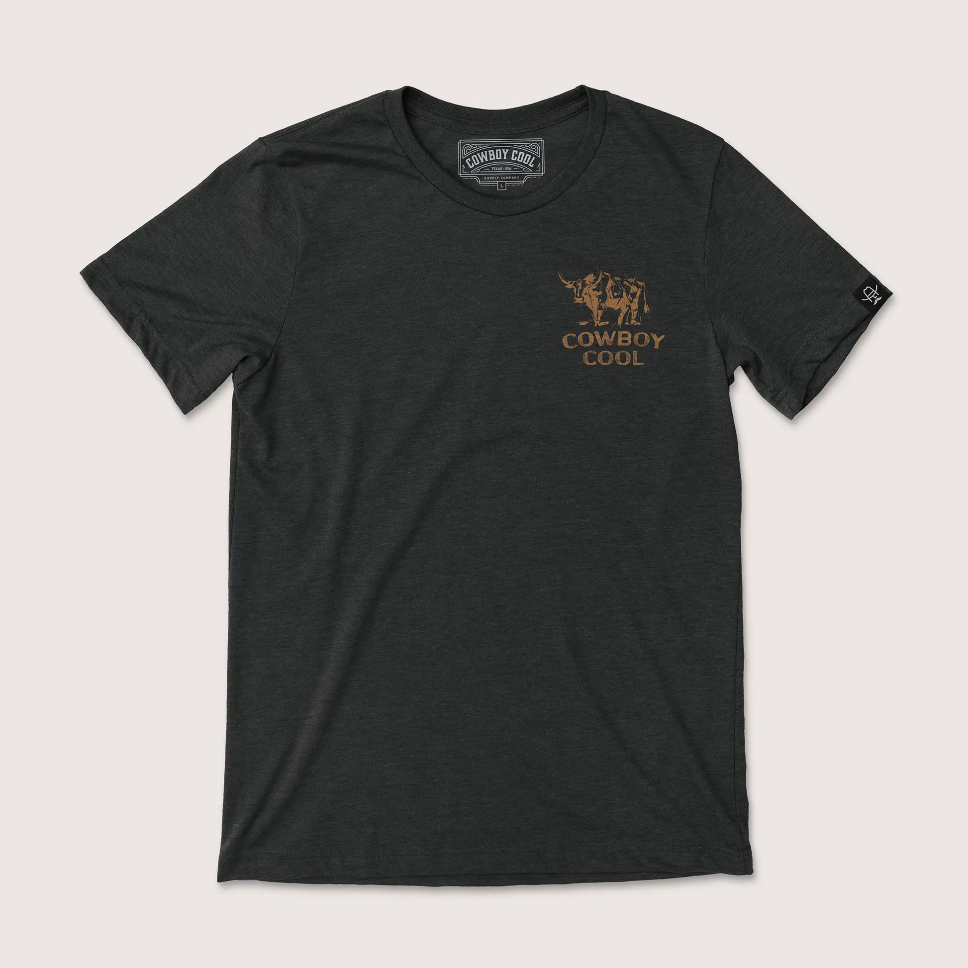 Black t-shirt with 'Cowboy Cool' logo on a white background