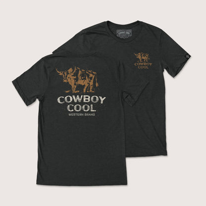 Front and back of a Black Cowboy Cool T-Shirt with graphic of a bull. 
