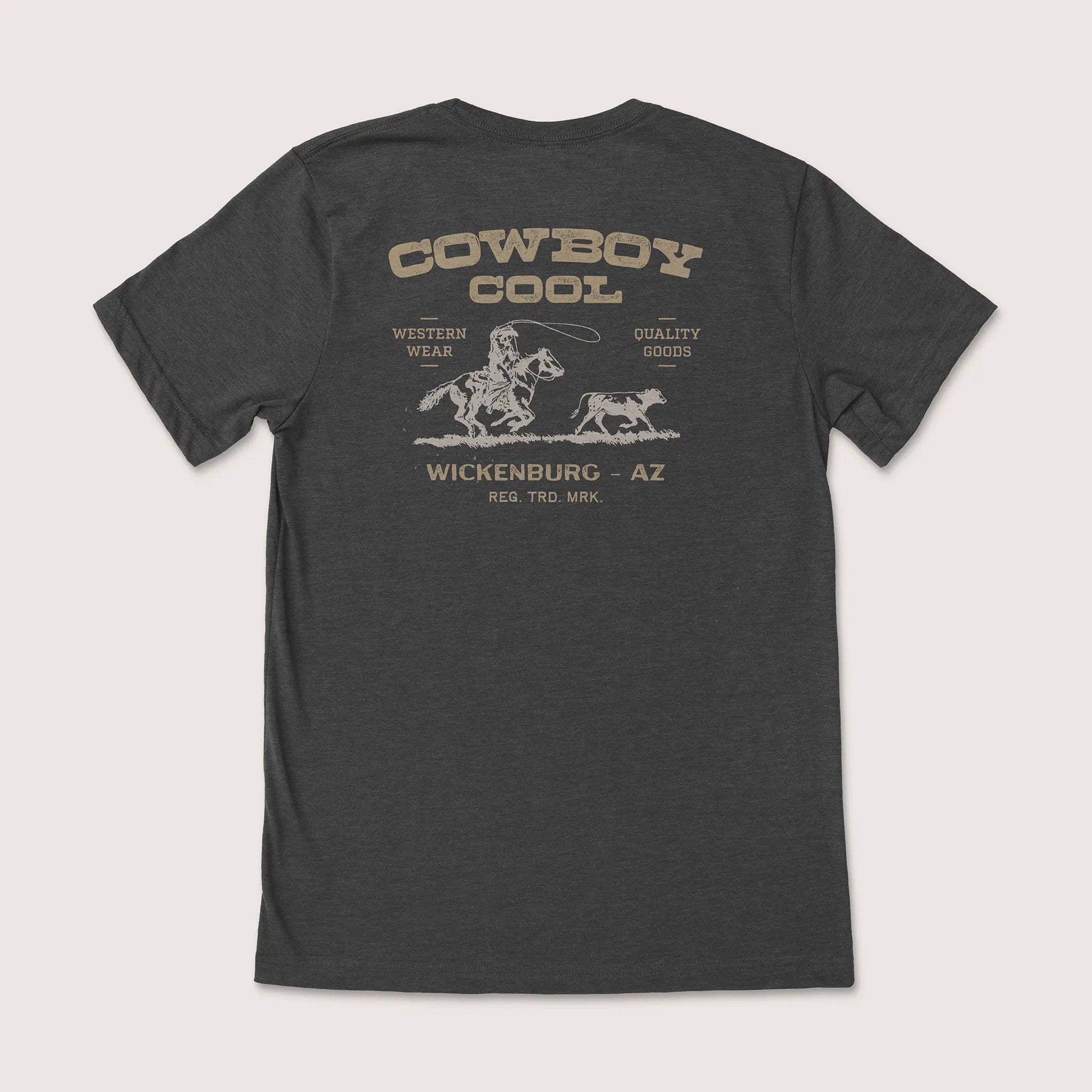 Gray t-shirt with 'Cowboy Cool' graphic on the back against a white background