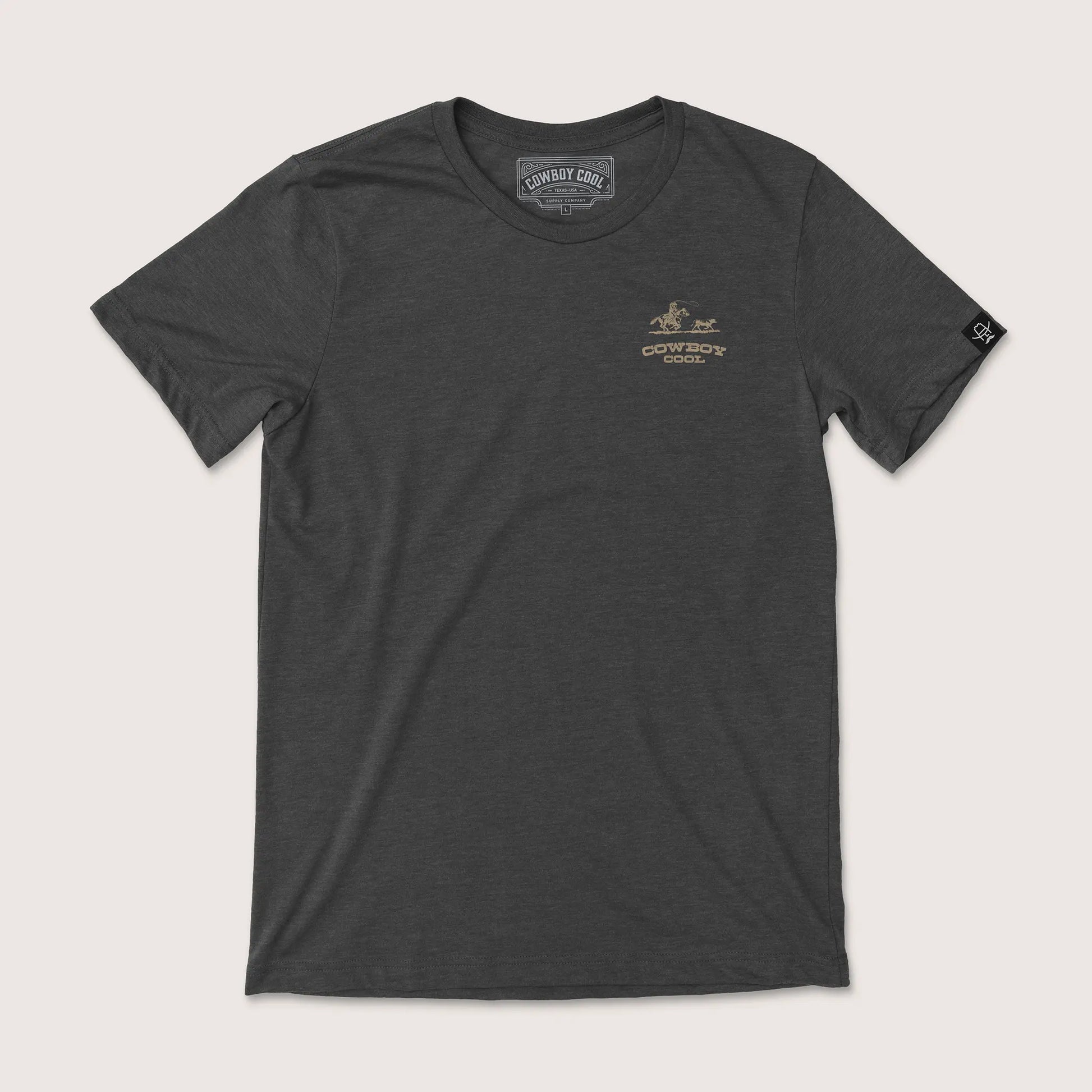Dark gray t-shirt with a logo on a white background