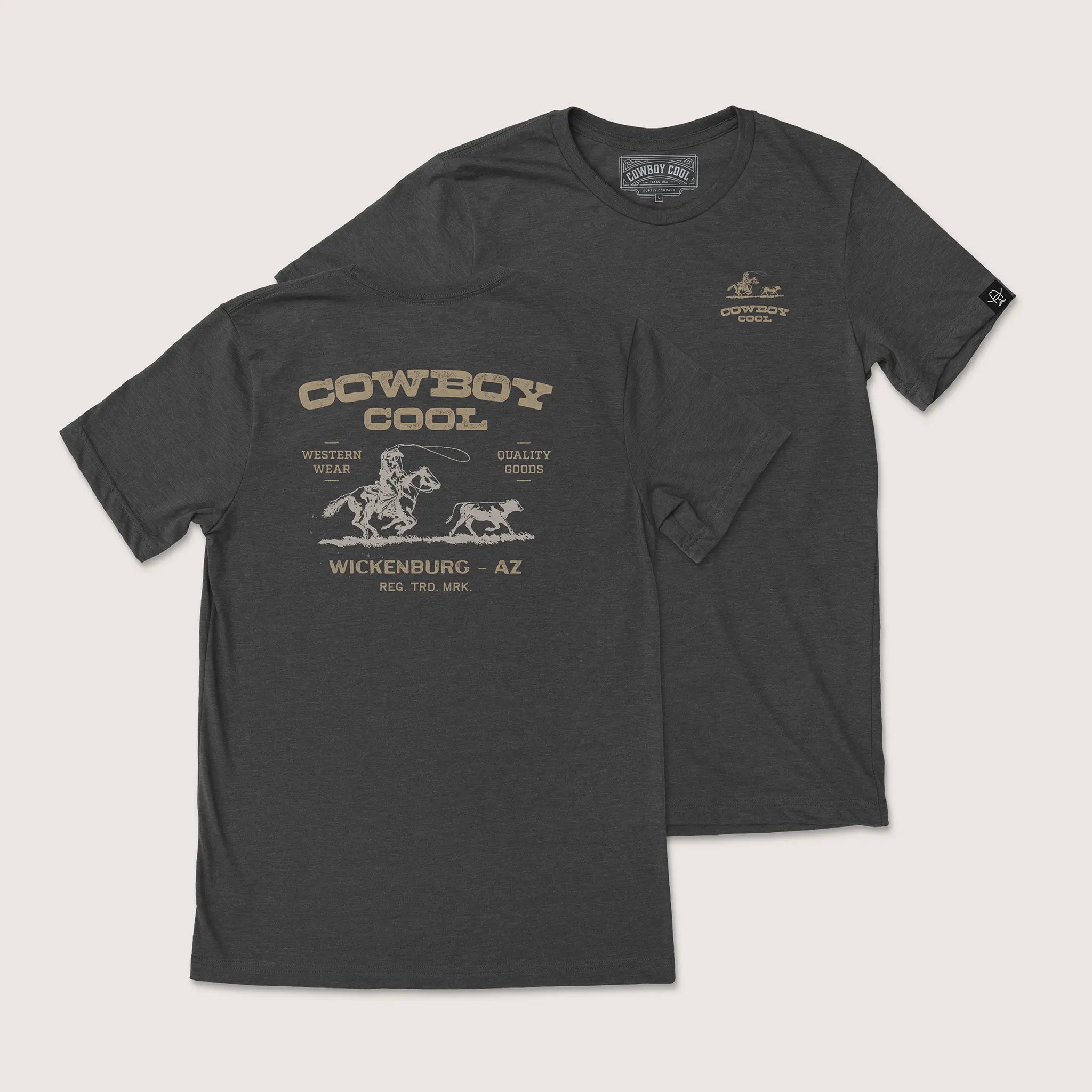 Dark gray t-shirt with 'Cowboy Cool' graphic on a light gray background
