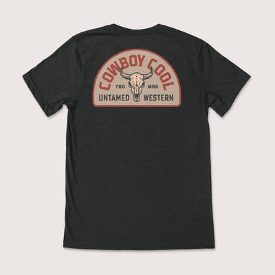 Black t-shirt with 'Cowboy Cool Untamed Western' graphic and bull skull design