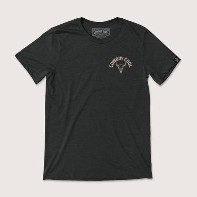 Dark gray cowboy cool t-shirt with bull skull logo, western apparel style