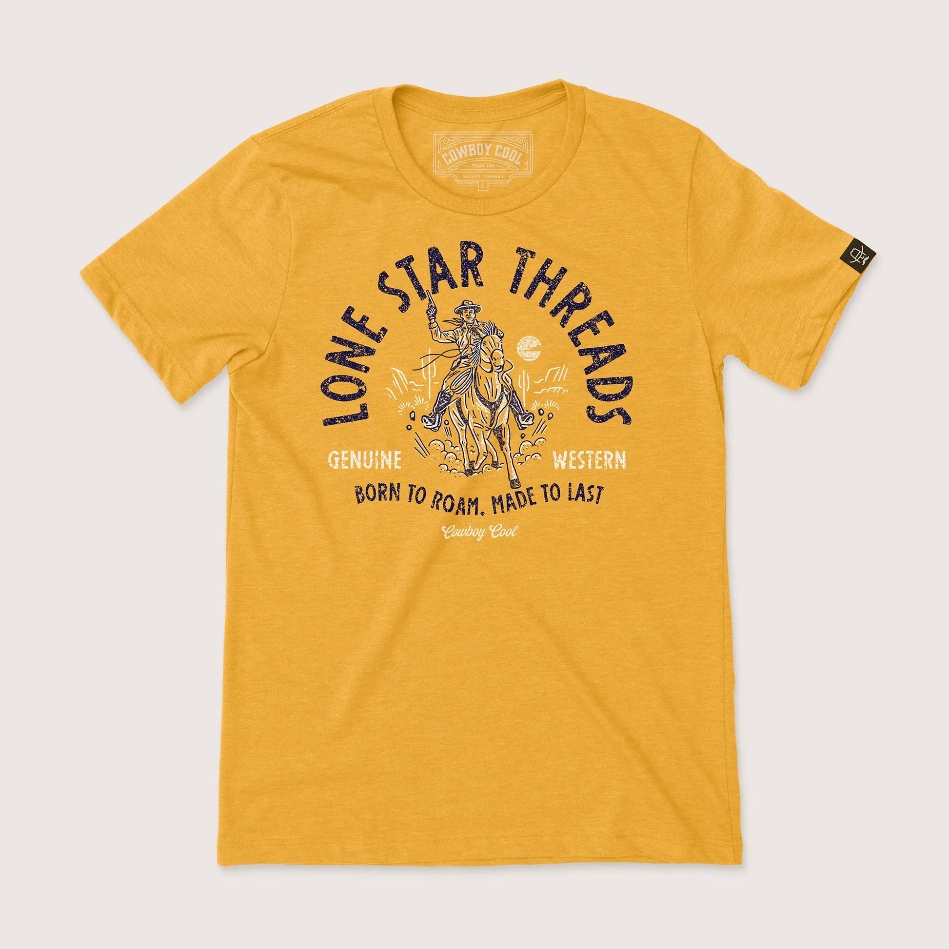 Cowboy Cool Lone Star Threads antique gold t-shirt with vintage cowboy on horseback graphic and western typography