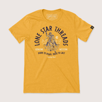Cowboy Cool Lone Star Threads antique gold t-shirt with vintage cowboy on horseback graphic and western typography
