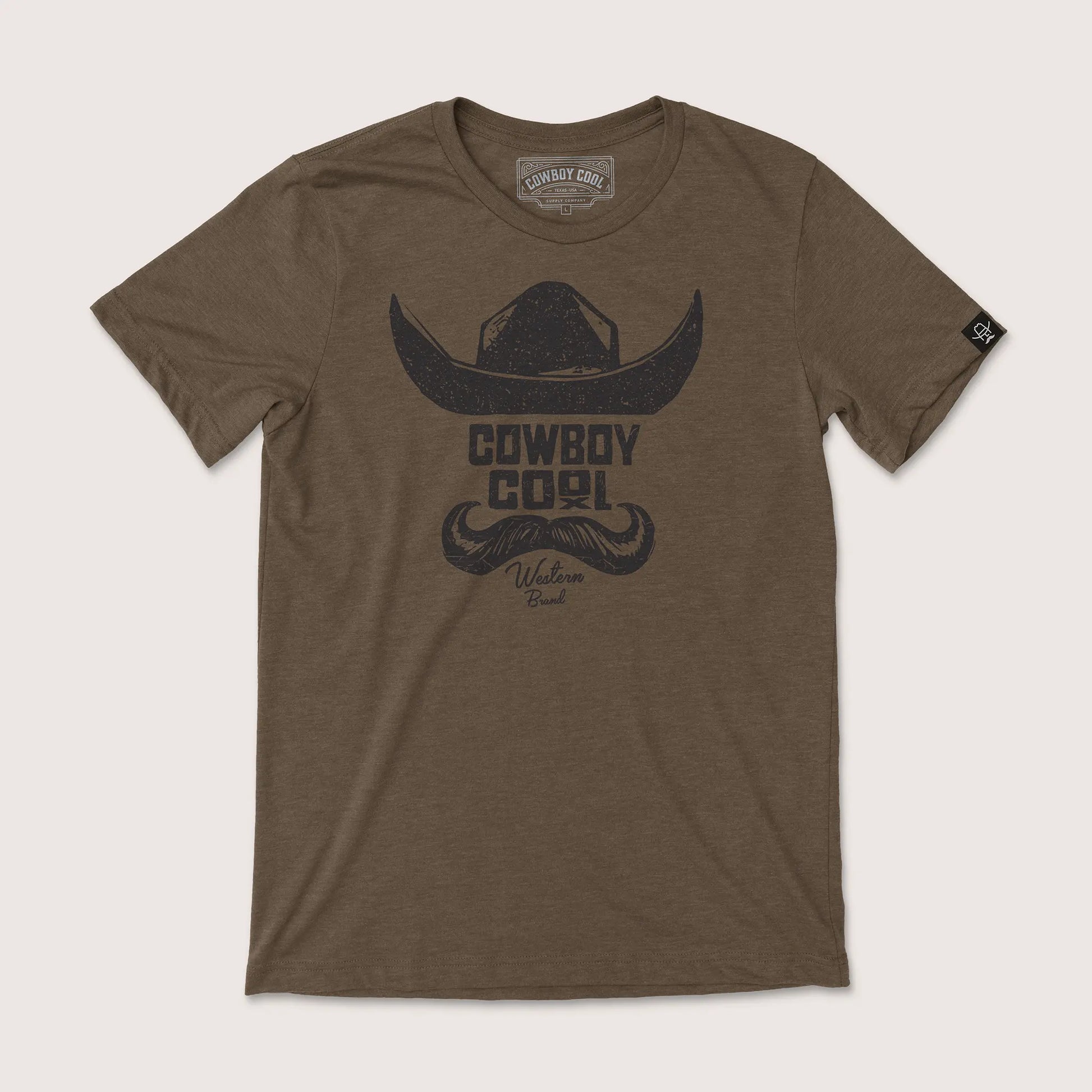 Cowboy Cool Mustache Man brown t-shirt with black cowboy hat and mustache graphic design