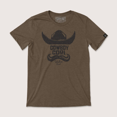 Cowboy Cool Mustache Man brown t-shirt with black cowboy hat and mustache graphic design
