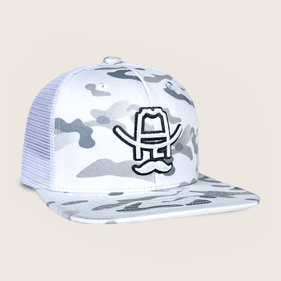 White camo trucker hat with cowboy hat and mustache embroidery