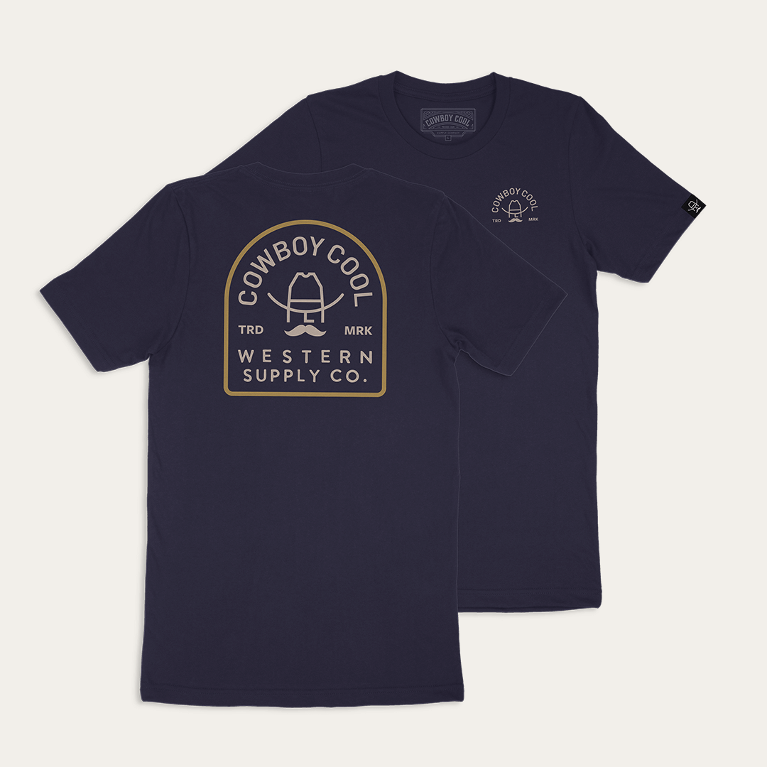 Cowboy Cool Feed Store T-Shirt in navy. Front and Back Designs