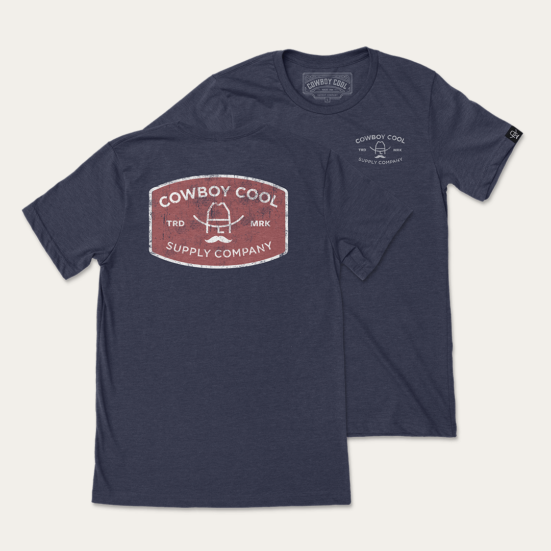 Cowboy Cool Buckle T-Shirt in navy. Front and Back Designs