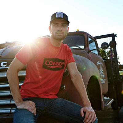 Model wearing Cowboy Cool Lightning Bolt T-Shirt 