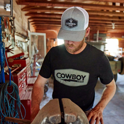Model wearing a black Cowboy Cool Lightning Bolt T-Shirt